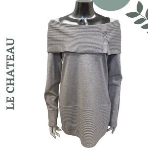 Le Château Gray Off-the-Shoulder Tunic Sweater | Ribbed Foldover Collar Size XXL